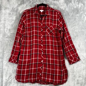 J Jill Womens Tunic Top Large  Red Mixed Plaid Long Sleeve Shirt Pockets